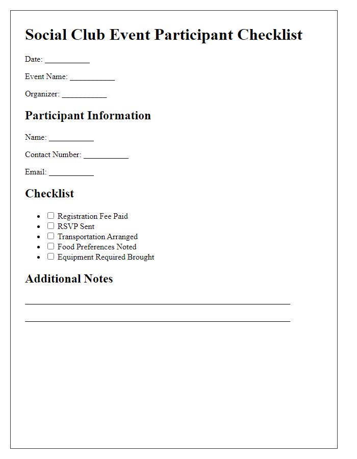 Letter template of social club event participant checklist