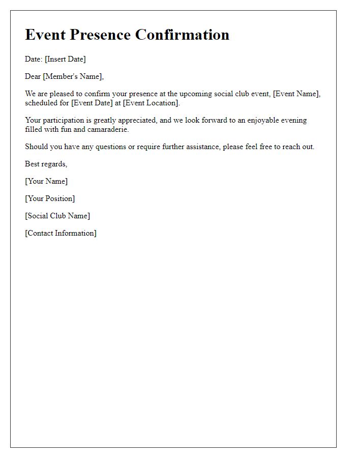 Letter template of social club event presence confirmation