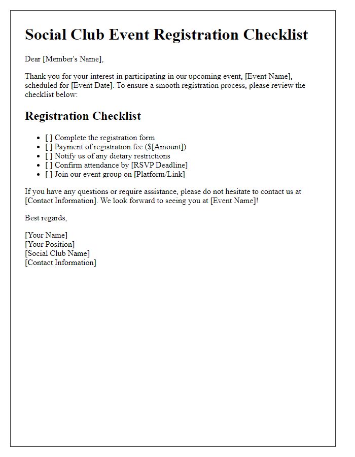 Letter template of social club event registration checklist