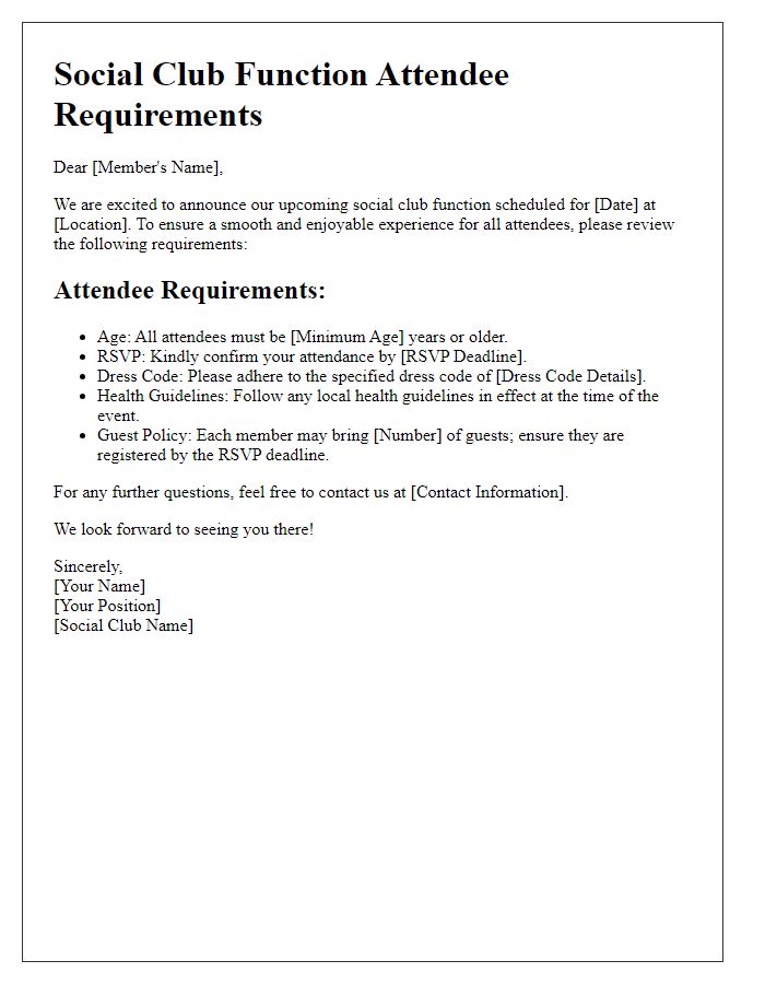 Letter template of social club function attendee requirements