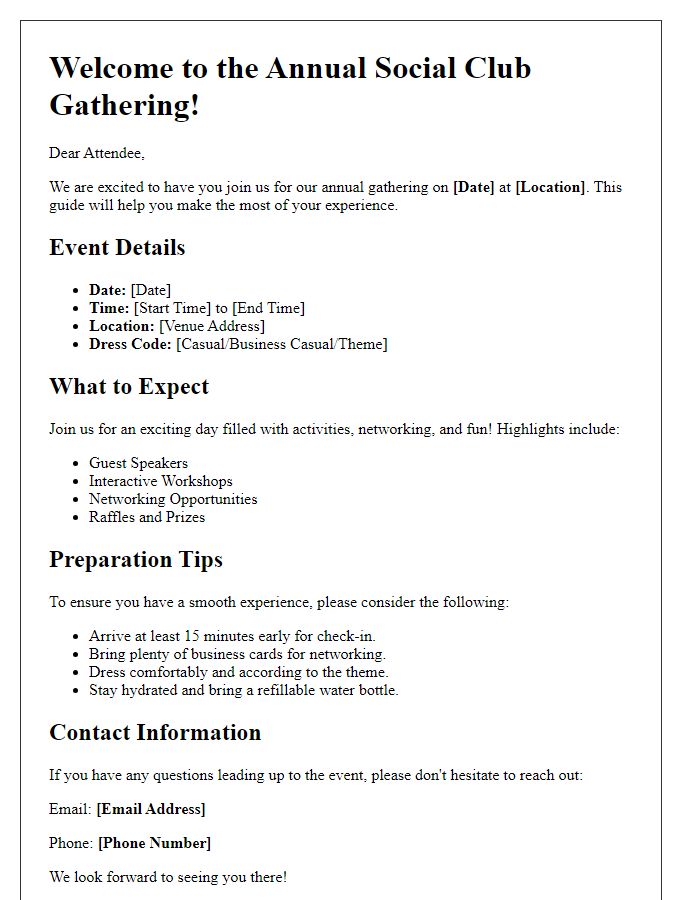 Letter template of social club gathering attendee guide