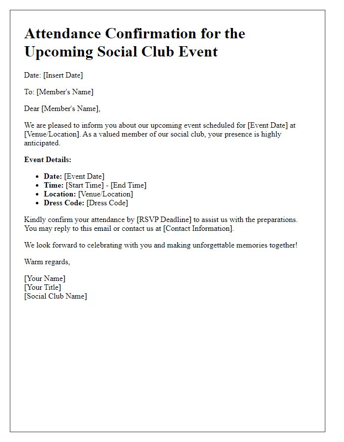 Letter template of social club occasion attendance preparation