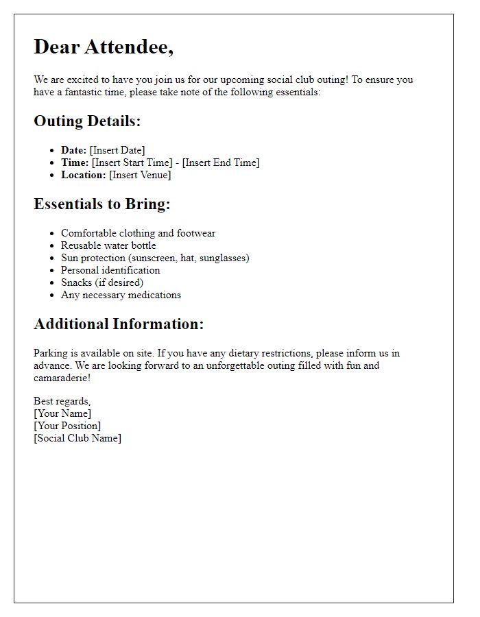 Letter template of social club outing attendee essentials