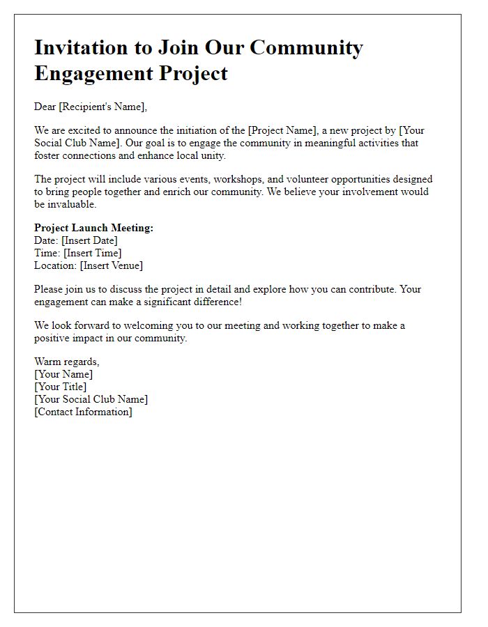 Letter template of social club project initiation for community engagement.