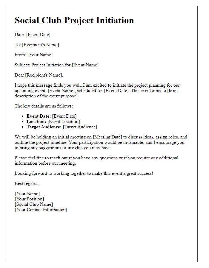 Letter template of social club project initiation for event planning.