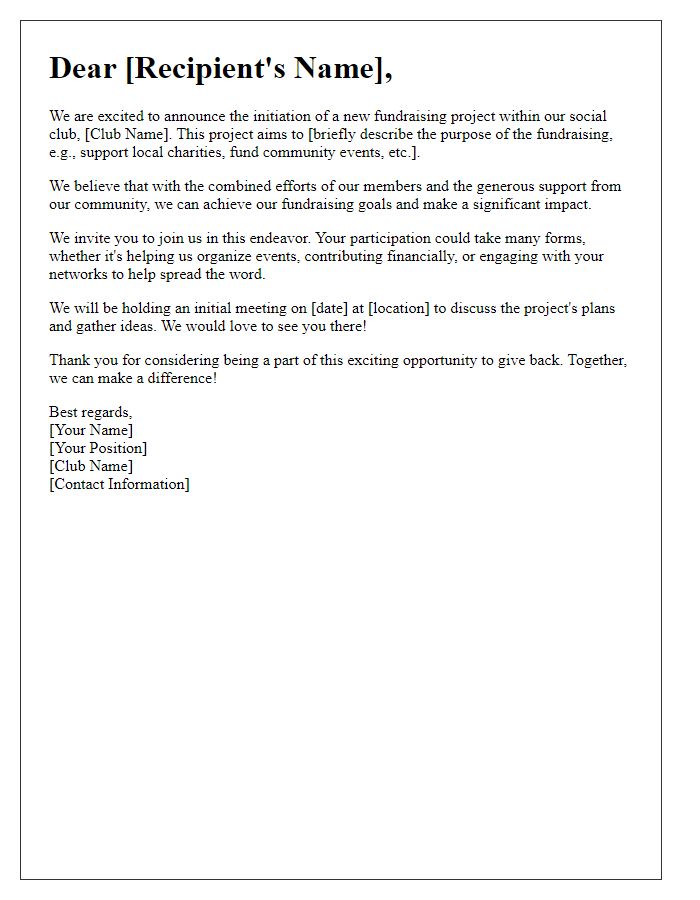 Letter template of social club project initiation for fundraising efforts.