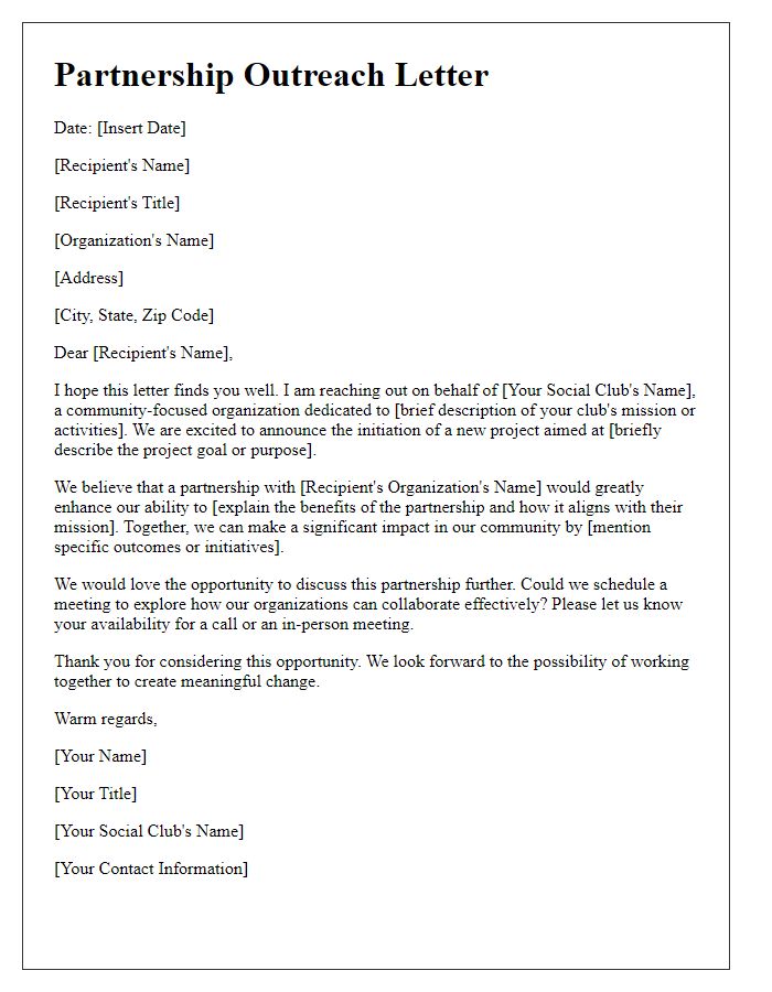 Letter template of social club project initiation for partnership outreach.