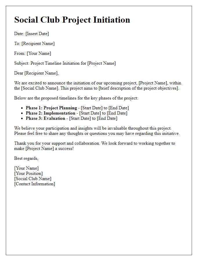 Letter template of social club project initiation for project timelines.