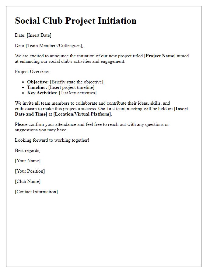 Letter template of social club project initiation for team collaboration.