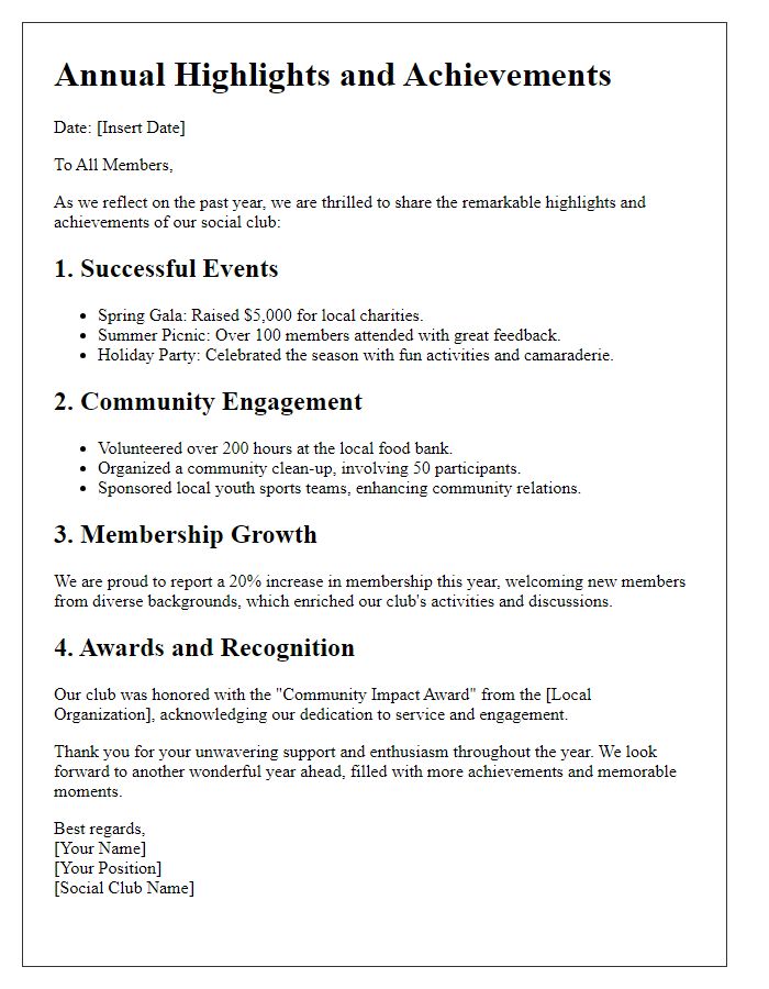 Letter template of annual social club highlights and achievements