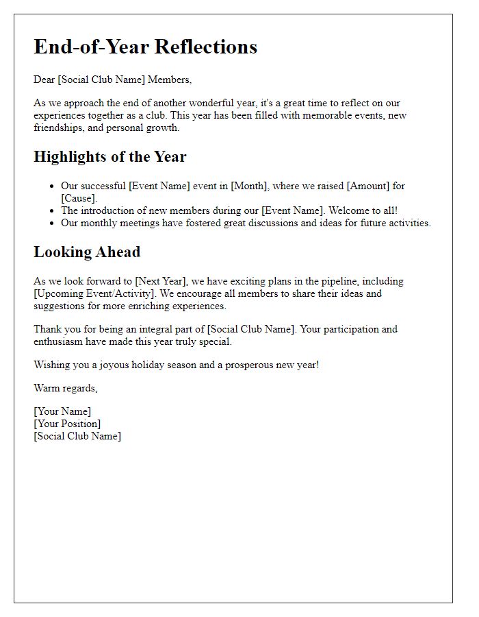 Letter template of end-of-year social club reflections