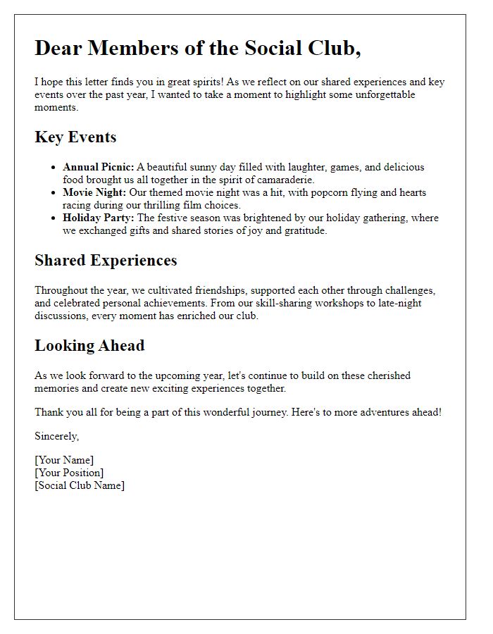 Letter template of shared experiences and key events in our social club