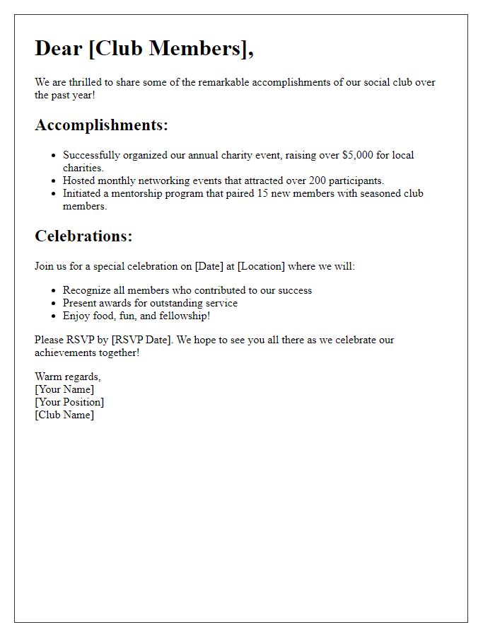 Letter template of social club accomplishments and celebrations