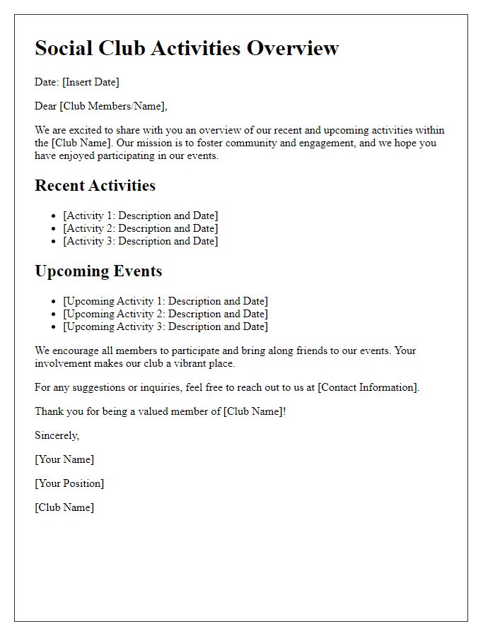 Letter template of social club activities overview