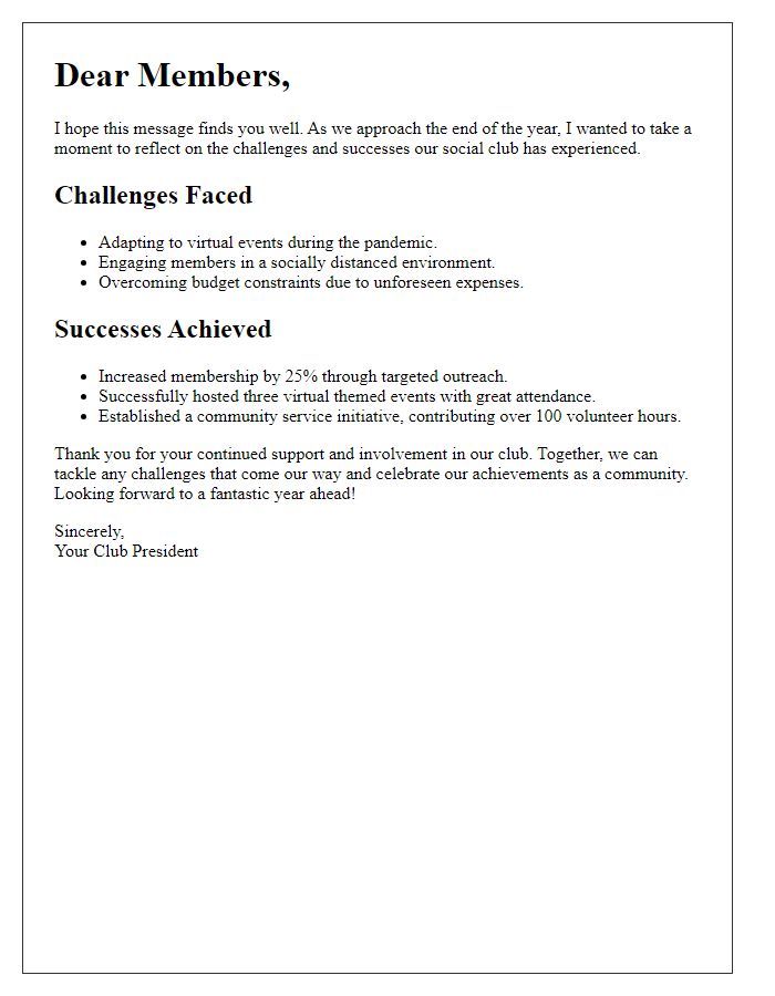 Letter template of social club challenges and successes this year