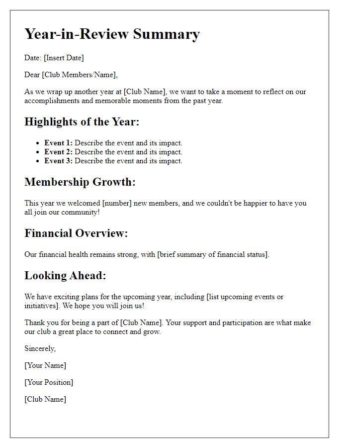 Letter template of social club year-in-review summary