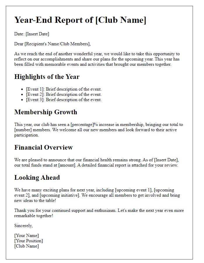 Letter template of year-end social club report