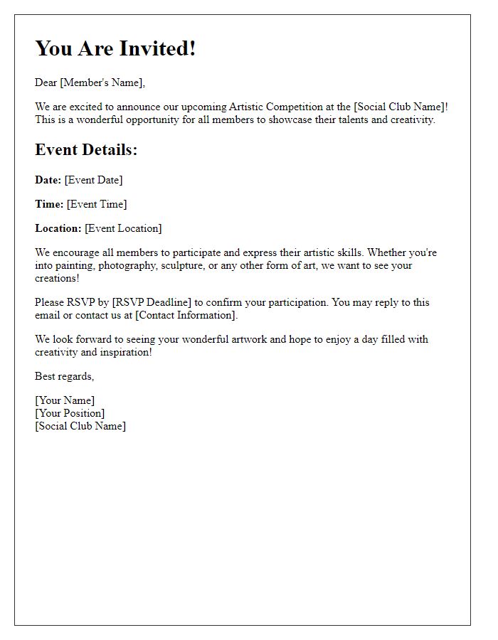 Letter template of invitation for members to join the social club's artistic competition.