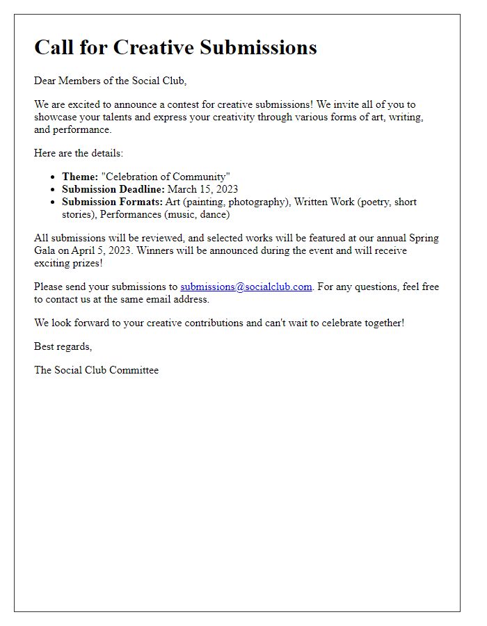 Letter template of request for creative submissions to the social club's contest.