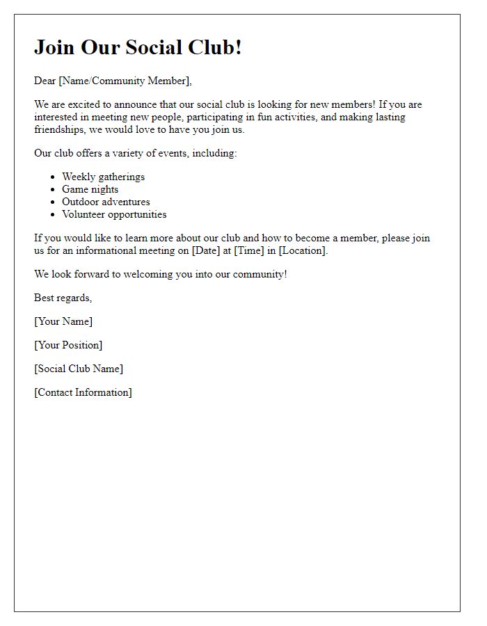 Letter template of call for new members to our social club