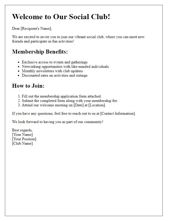 Letter template of information on joining our social club