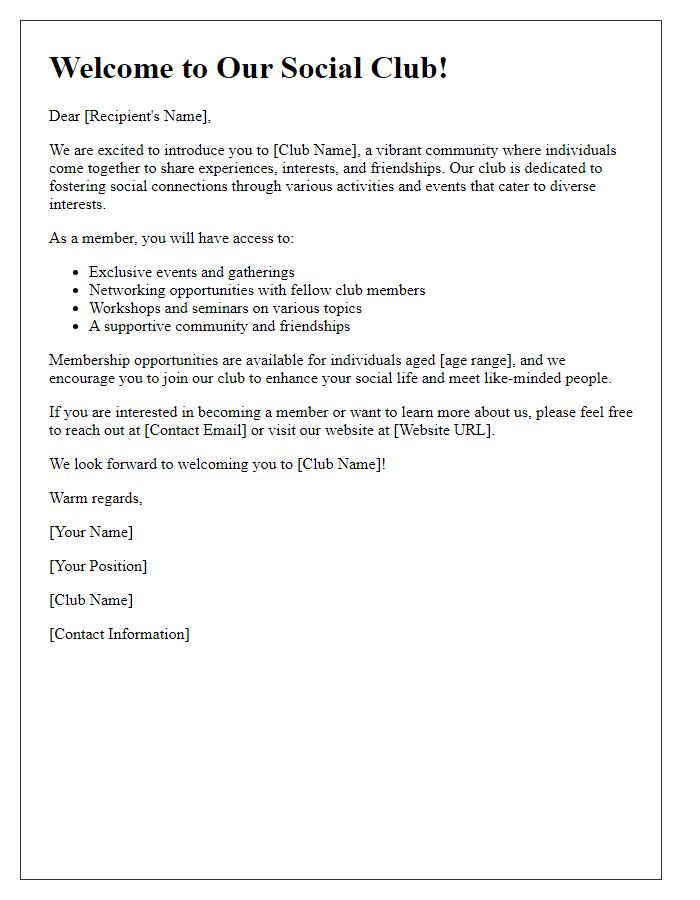 Letter template of introduction to our social club and membership opportunities