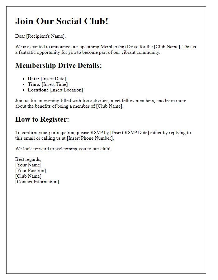 Letter template of social club membership drive details