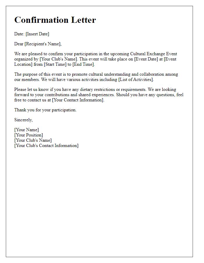 Letter template of confirmation for social club cultural exchange event.