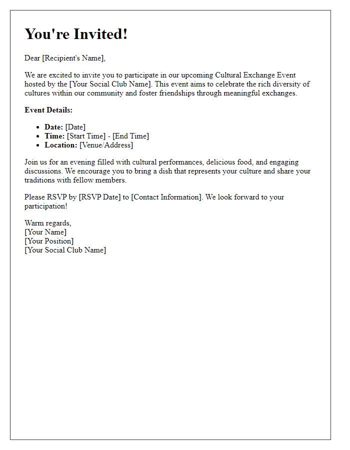 Letter template of invitation to participate in social club cultural exchange event.