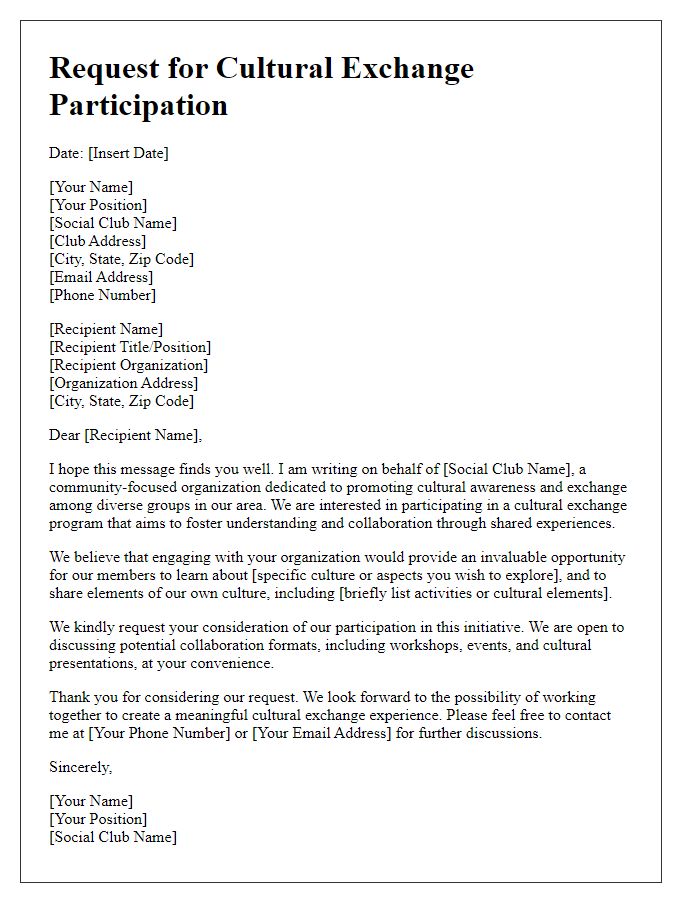 Letter template of request for cultural exchange participation from social club.