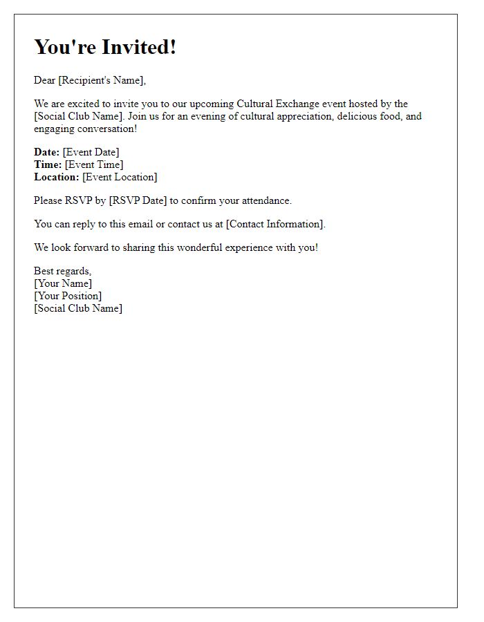 Letter template of RSVP invitation for social club cultural exchange.