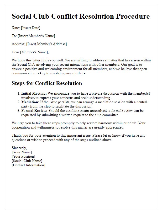 Letter template of social club conflict resolution procedure