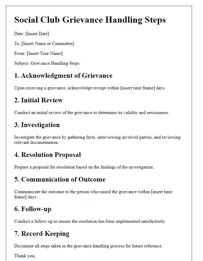 Letter template of social club grievance handling steps