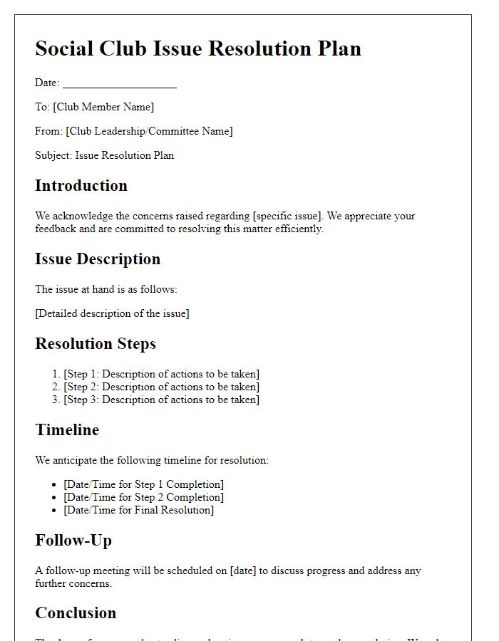 Letter template of social club issue resolution plan