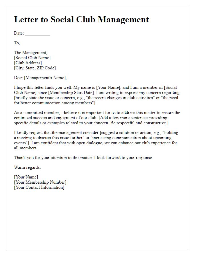 Letter template of social club member concern addressing