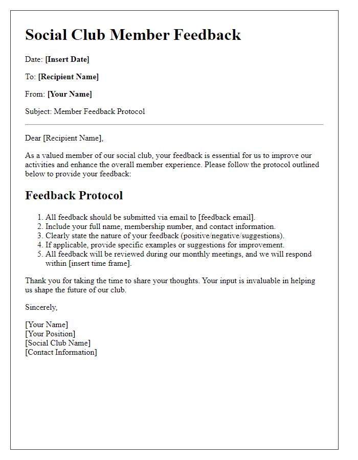 Letter template of social club member feedback protocol