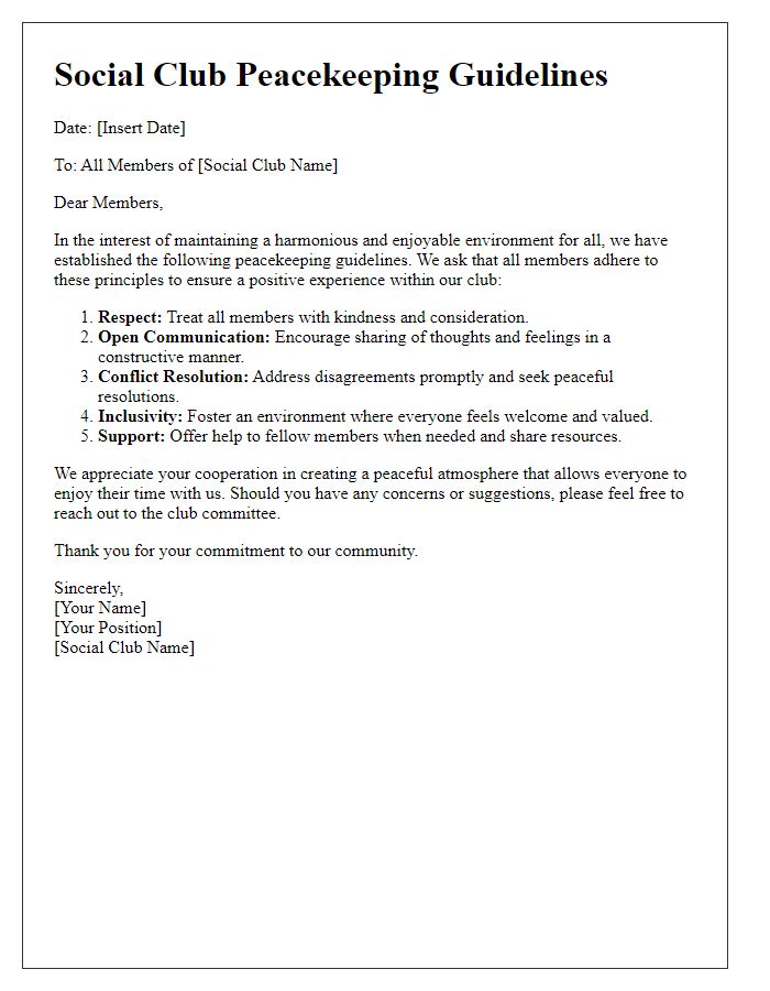 Letter template of social club peacekeeping guidelines