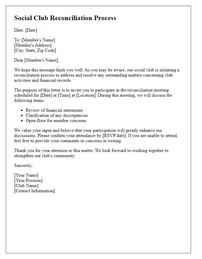 Letter template of social club reconciliation process