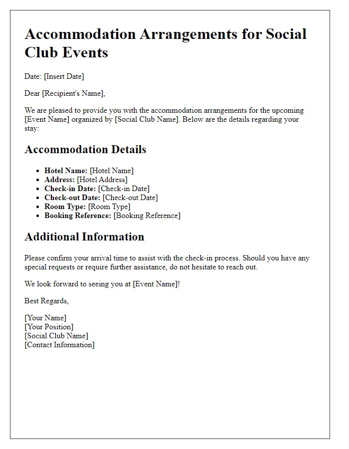 Letter template of accommodation arrangements for social club events.