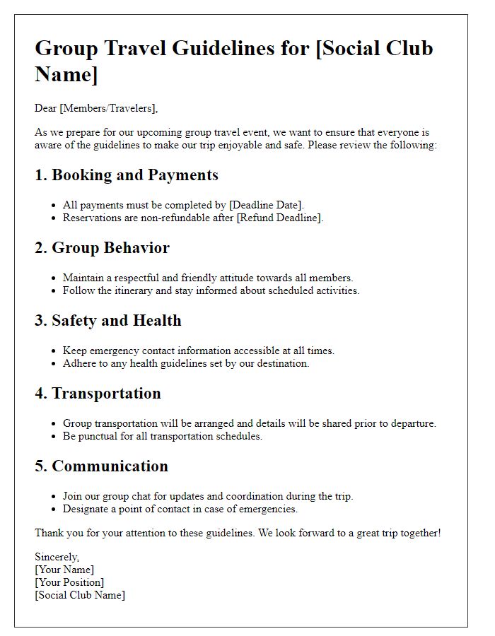 Letter template of group travel guidelines for social club.