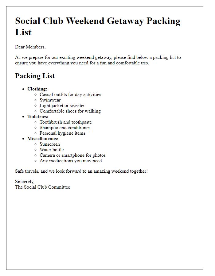 Letter template of packing list for social club weekend getaway.