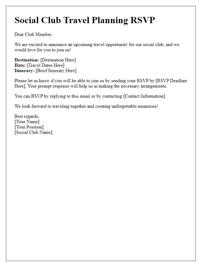 Letter template of RSVP request for social club travel planning.