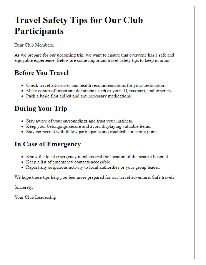 Letter template of travel safety tips for social club participants.