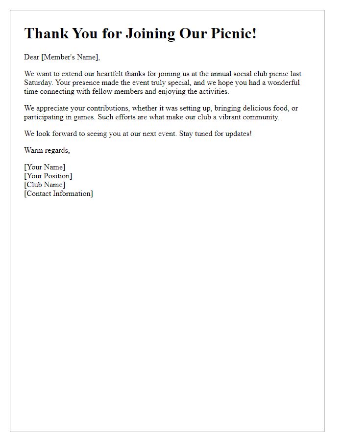 Letter template of social club picnic follow-up thank you