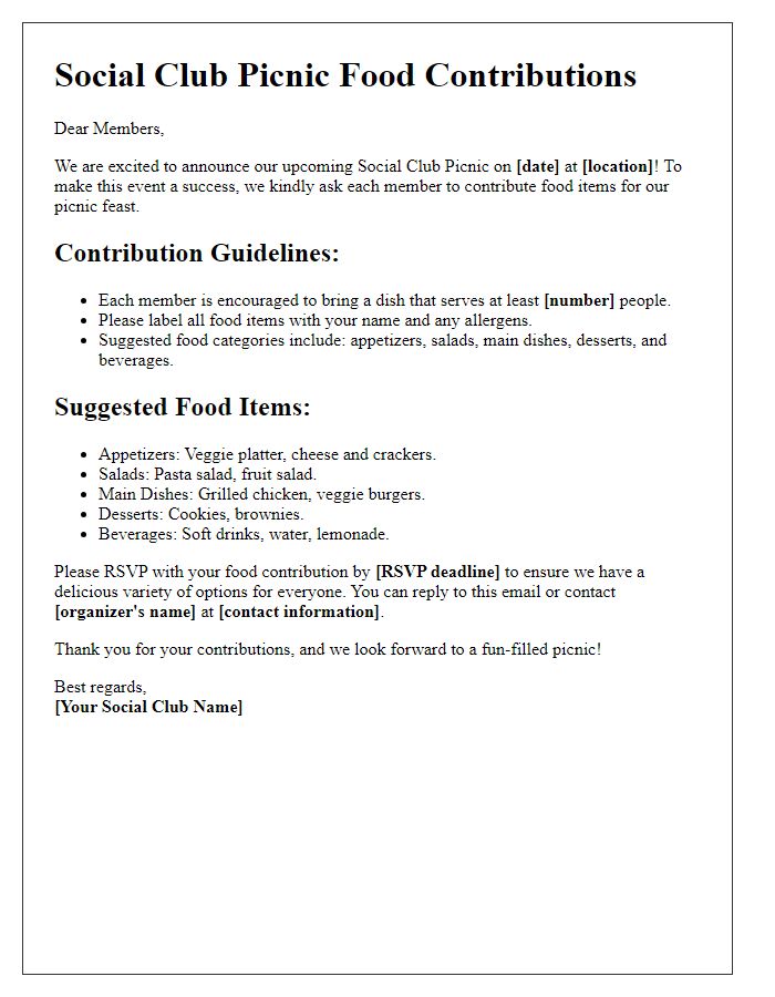 Letter template of social club picnic food contributions