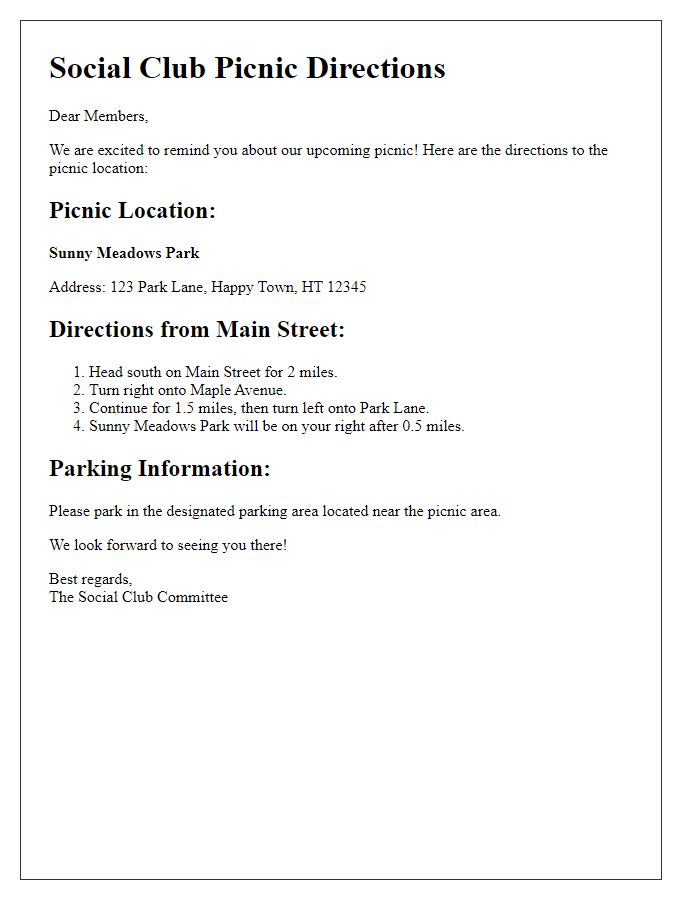 Letter template of social club picnic location directions