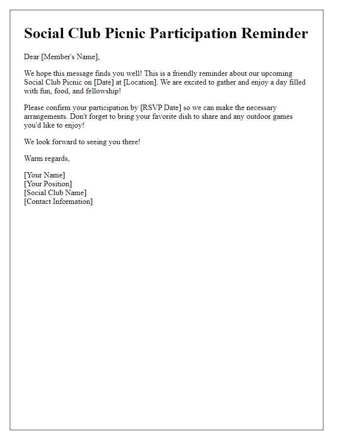 Letter template of social club picnic participation reminder