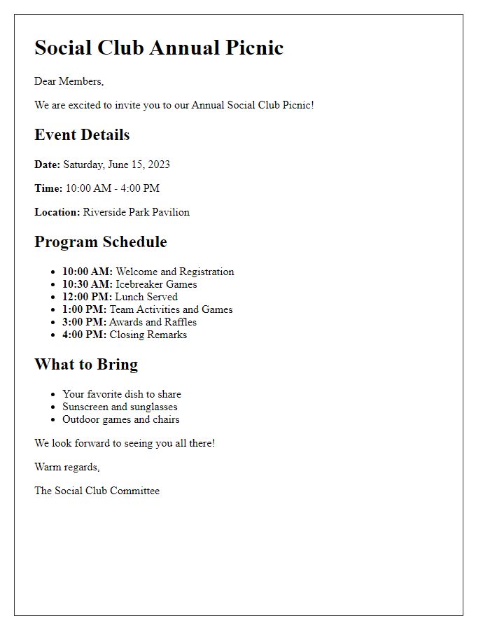 Letter template of social club picnic program schedule