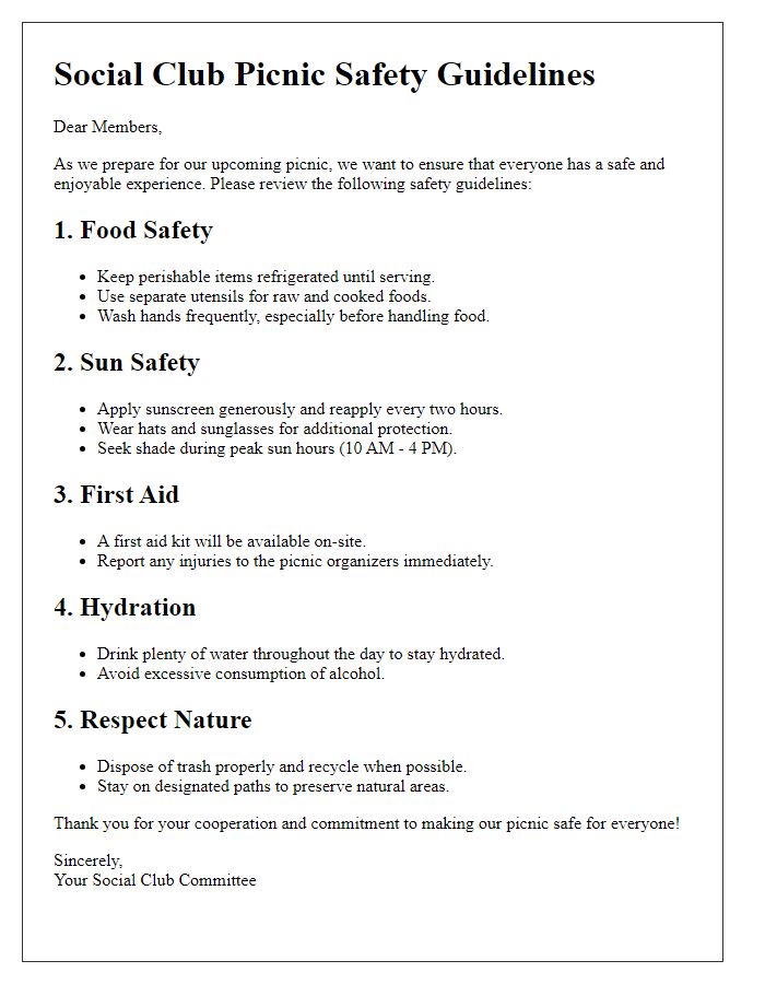 Letter template of social club picnic safety guidelines