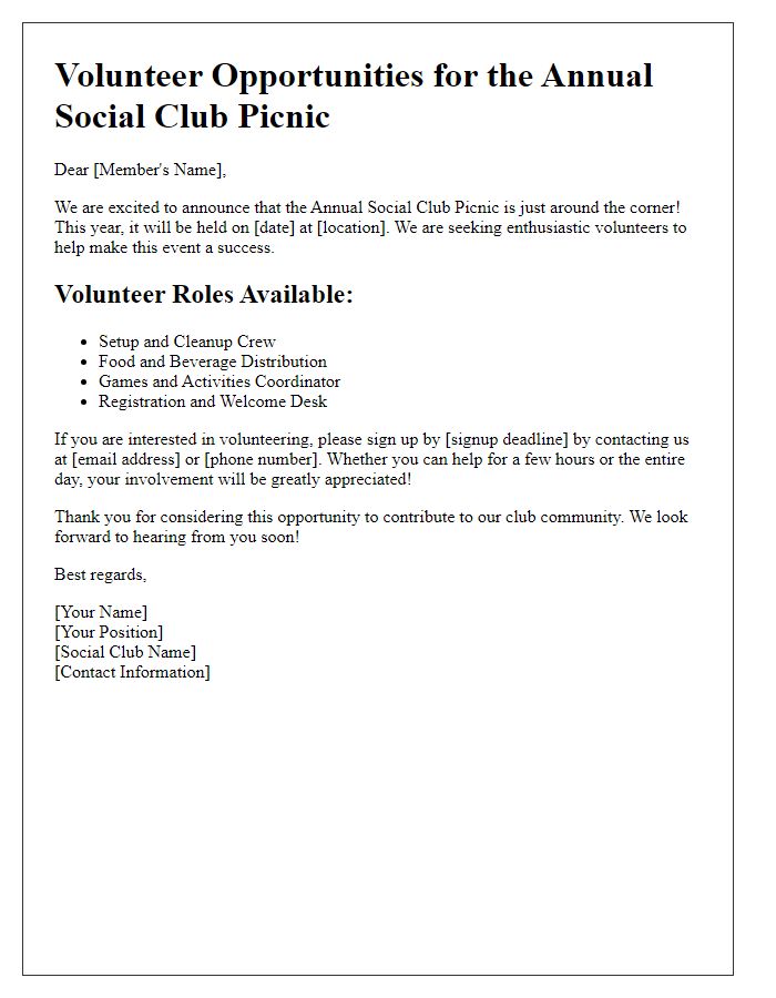 Letter template of social club picnic volunteer opportunities